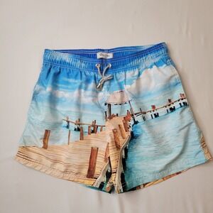 Azul Siete Swim Trunks Mens Beach Scene Swim Shorts Drawstring X-Large Pockets‎